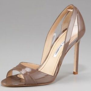 Manolo Blahnik Taupe Patent Leather Open-Toe Stiletto Heels
